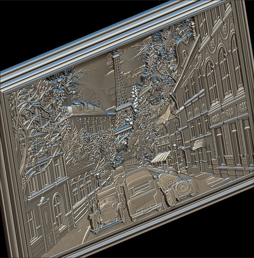 Paris Panno with Classic Cars STL File for CNC Relief engraving 3D model_4