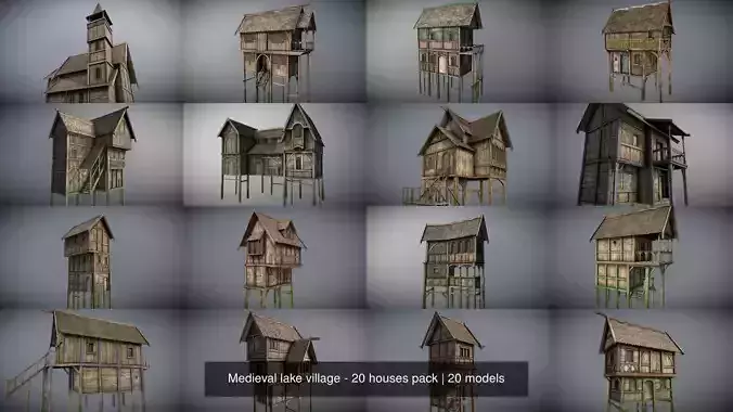 Medieval lake village - 20 houses pack 3D Model Collection