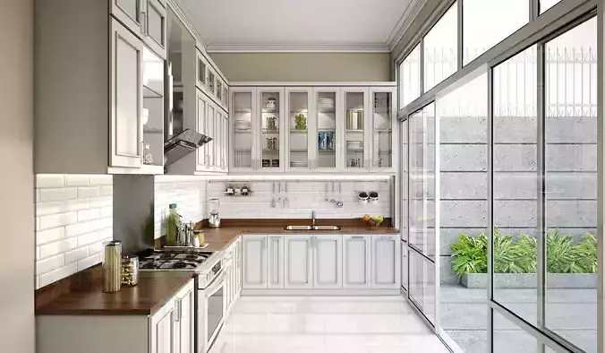 Kitchen with cabinets and glass doors