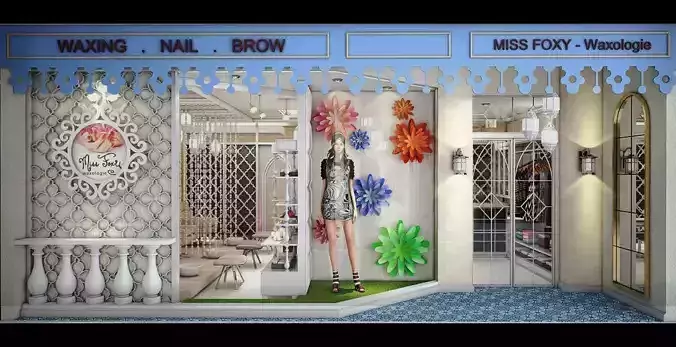 Waxologie fashion store with flowers on windows