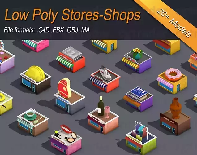 Low poly Stores Shops Isometric Low-poly 3D model