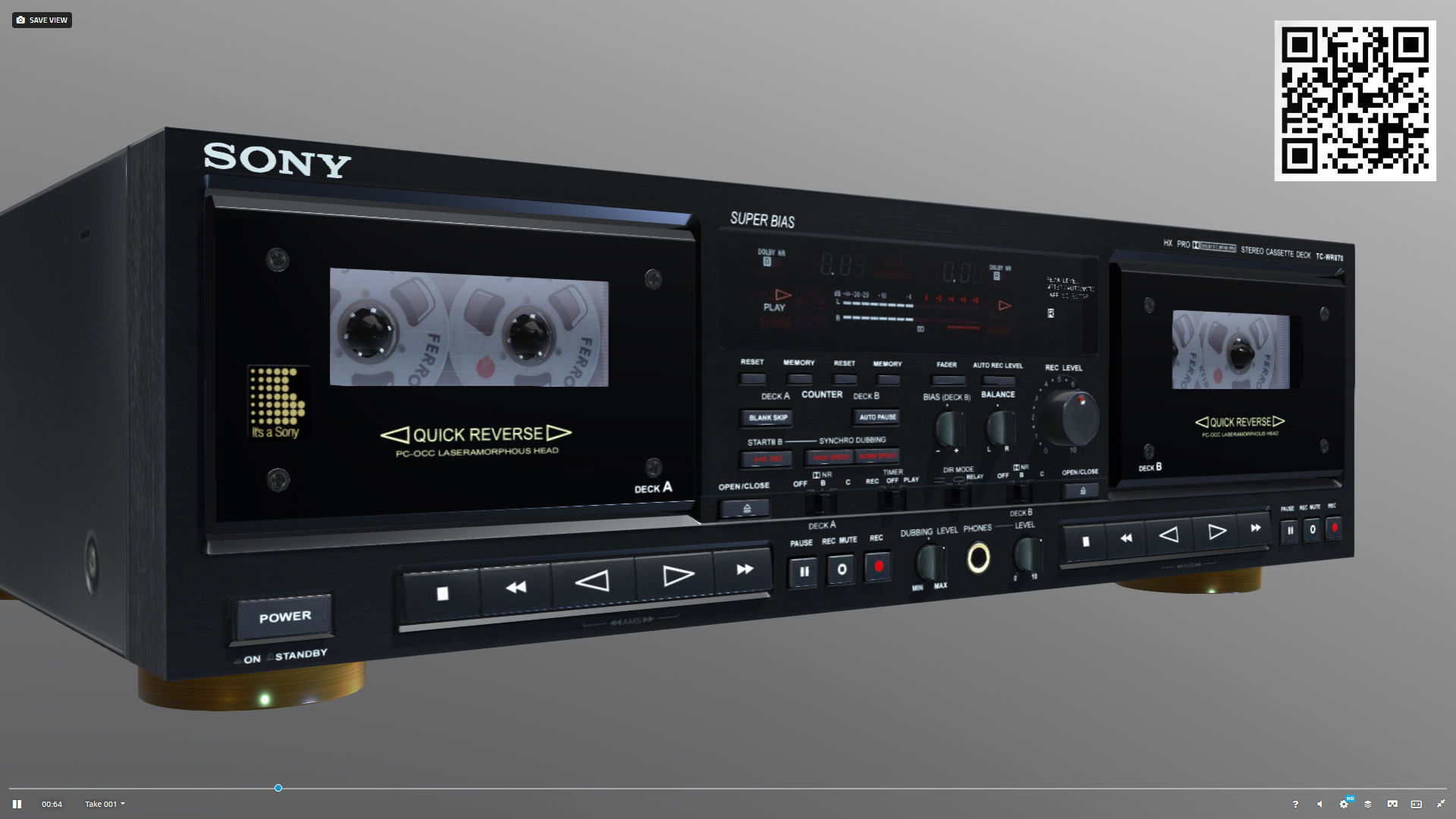 3D model Sony TC-WR870 Vintage cassette deck VR / AR / low-poly