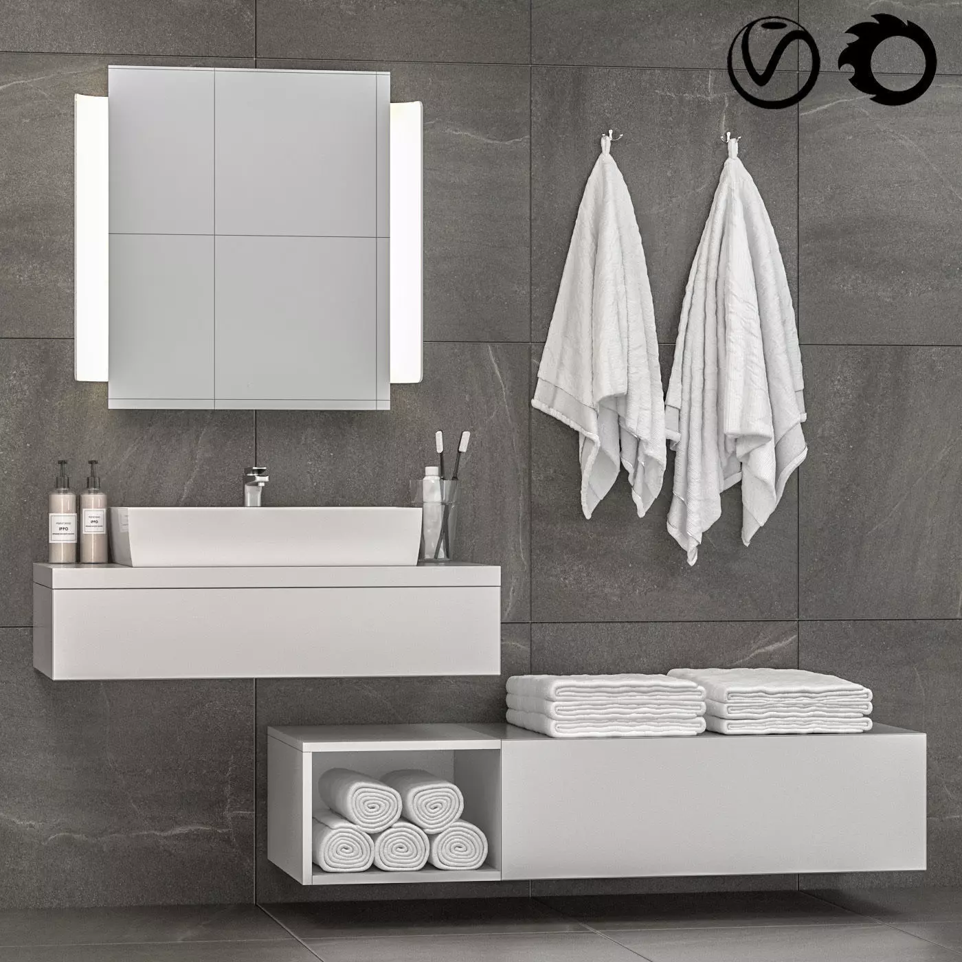 Bathroom set 1 modern vanity with mirror and towel rack 3D model_0