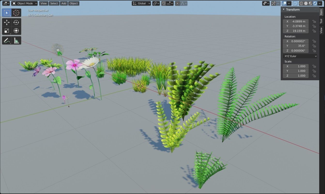 Foliage plants and grasses in computer program Low-poly 3D model_1