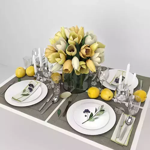 Table setting with  yellow tulips