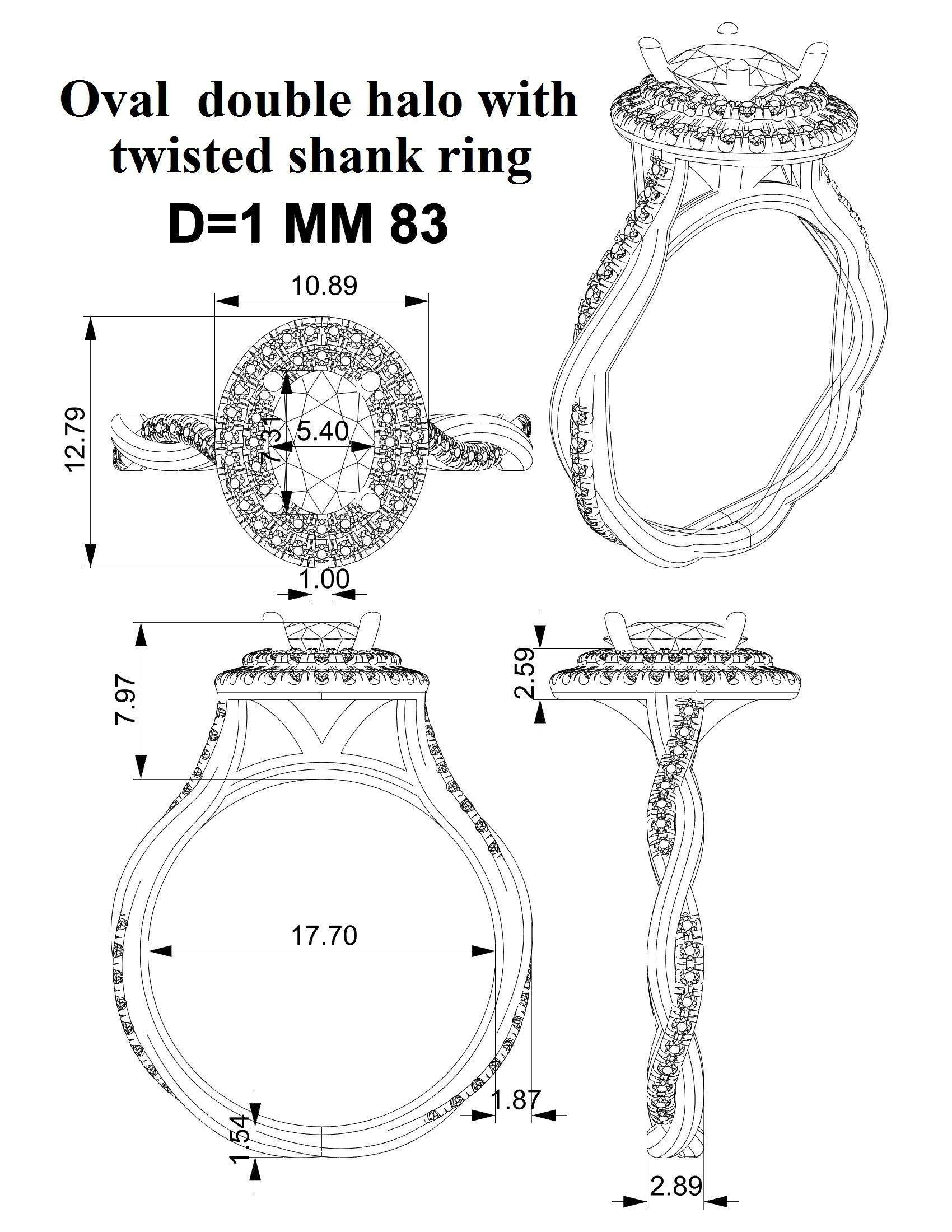 Oval double halo with twisted shank ring 3D print model_4