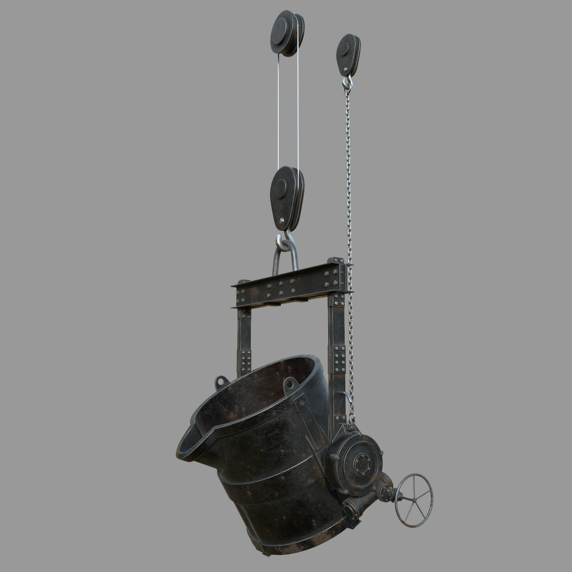 Foundry metal bucket hanging on chain 3D model_1