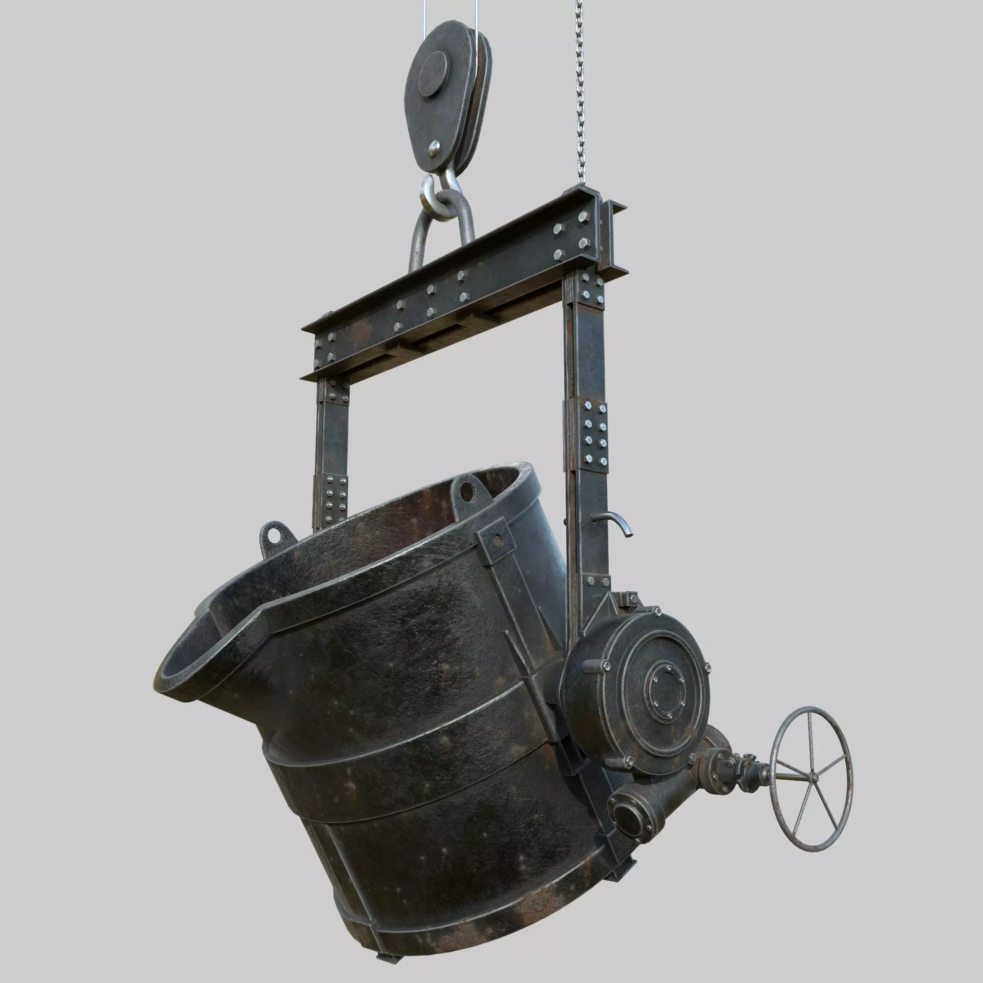 Foundry metal bucket hanging on chain 3D model_0