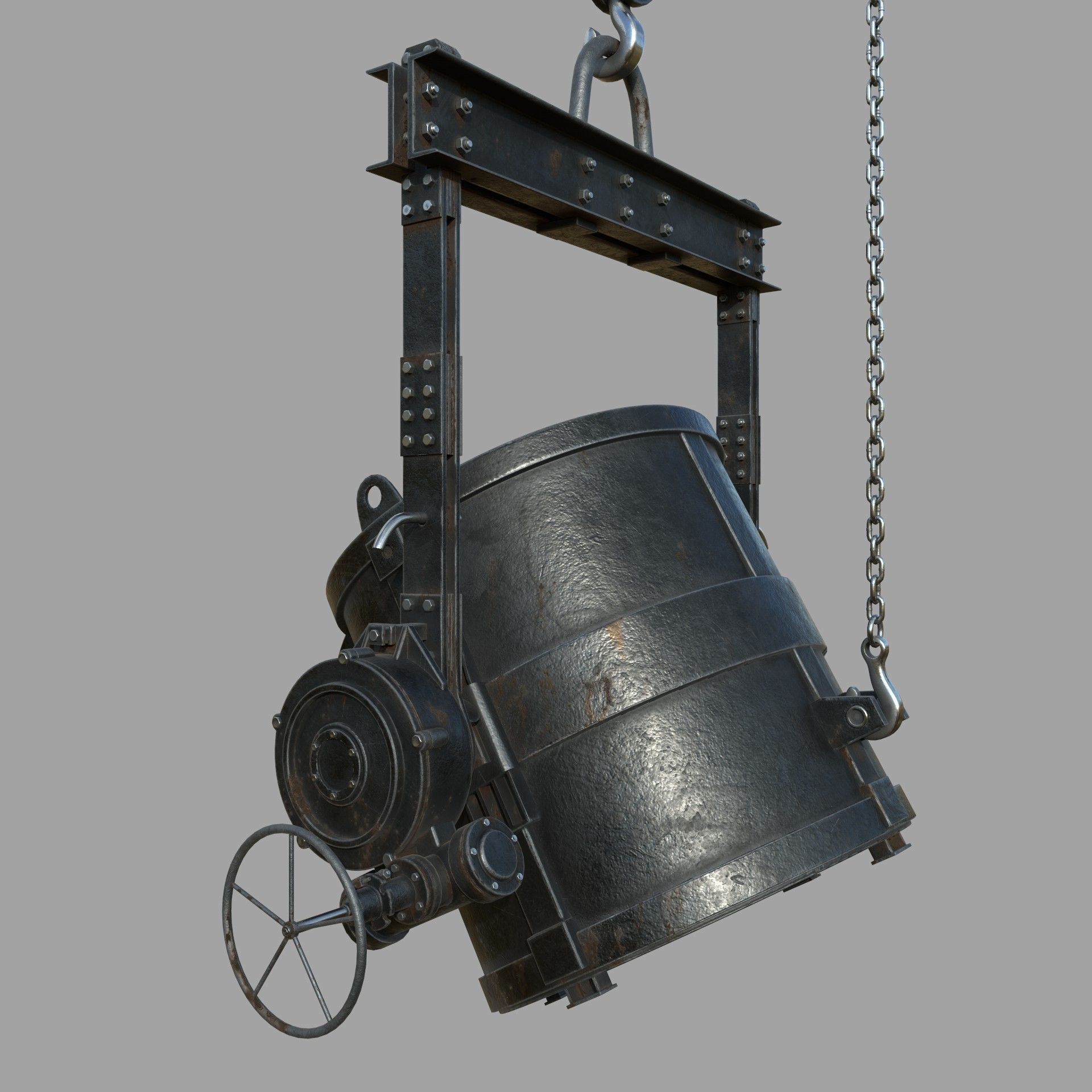 Foundry metal bucket hanging on chain 3D model_2