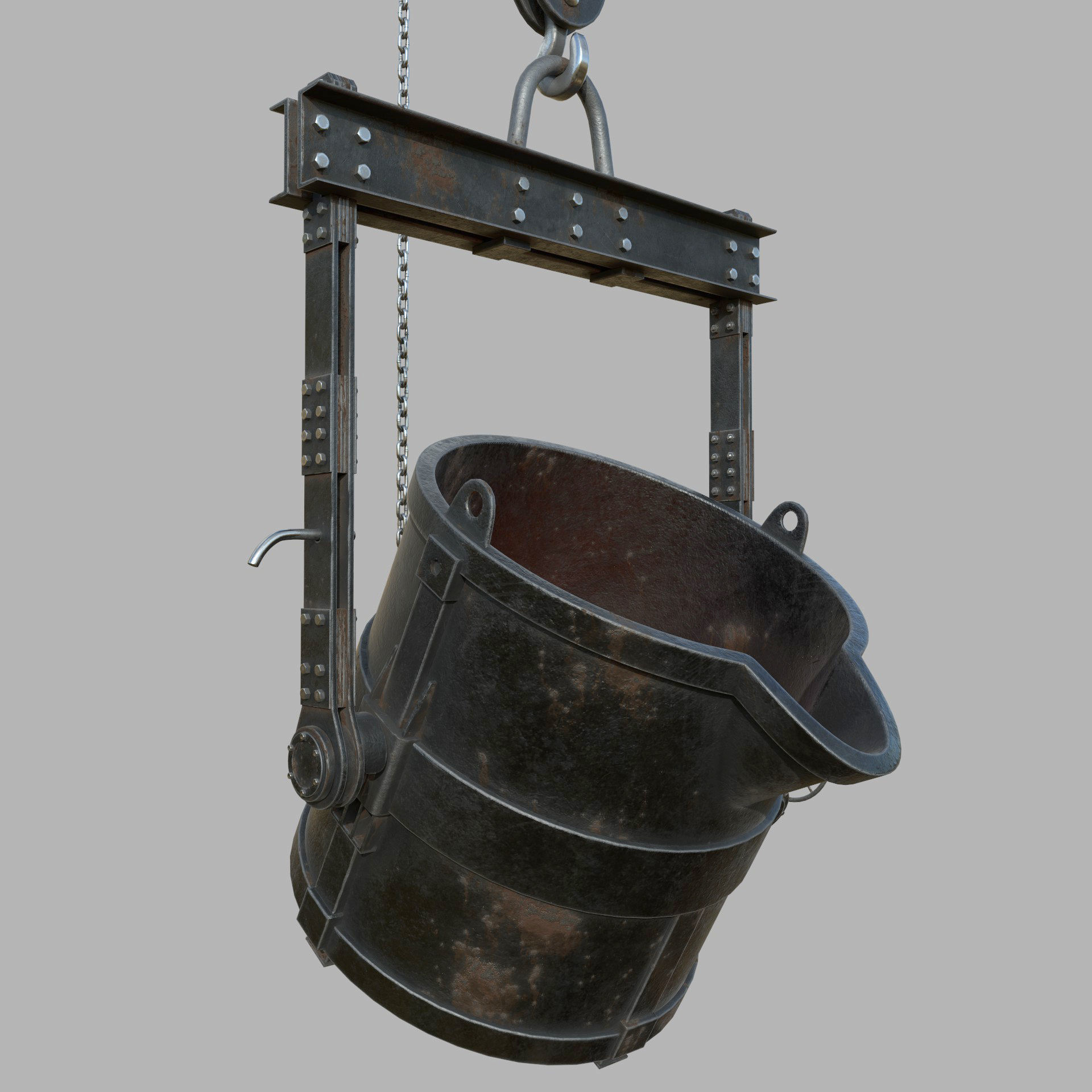 Foundry metal bucket hanging on chain 3D model_4