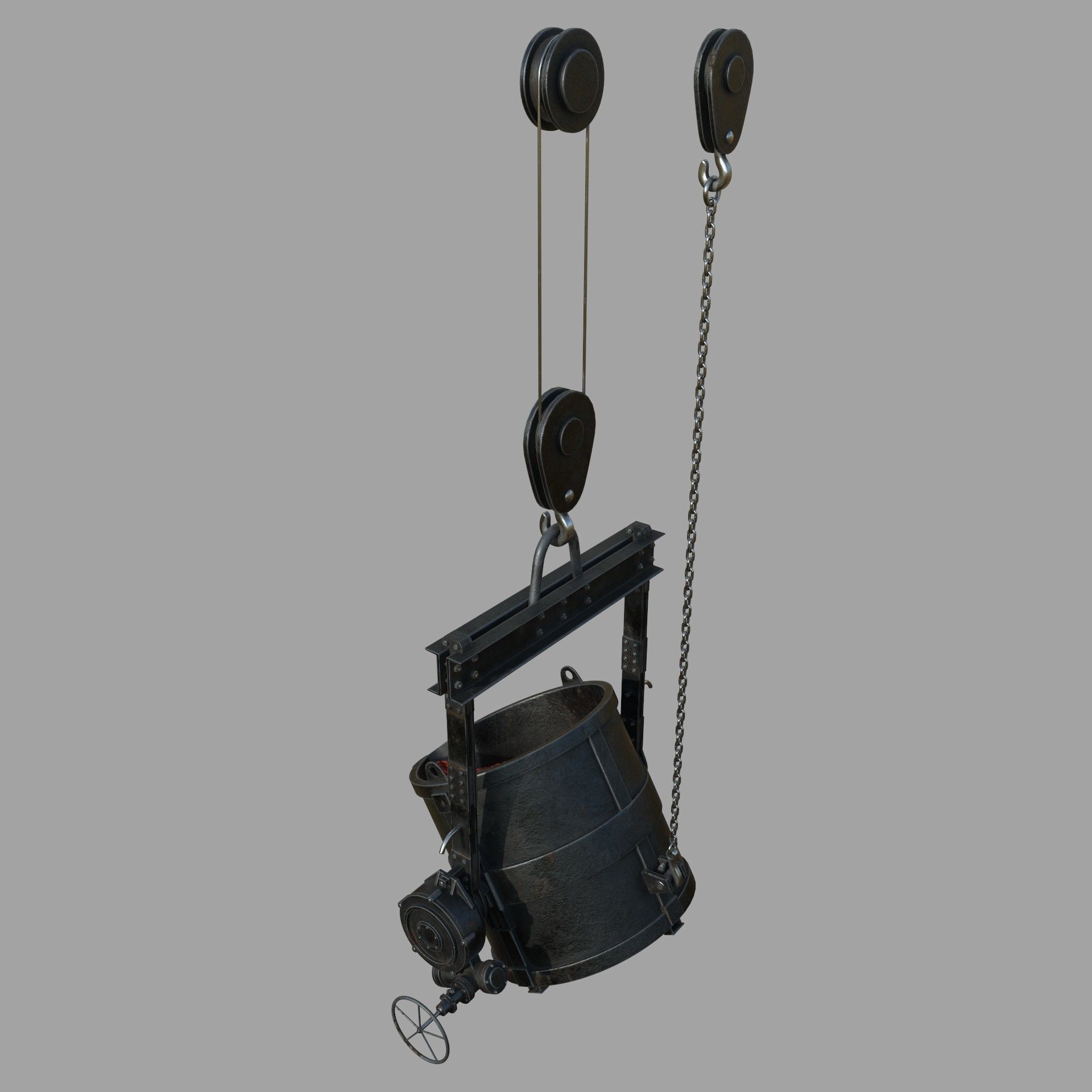 Foundry metal bucket hanging on chain 3D model_5