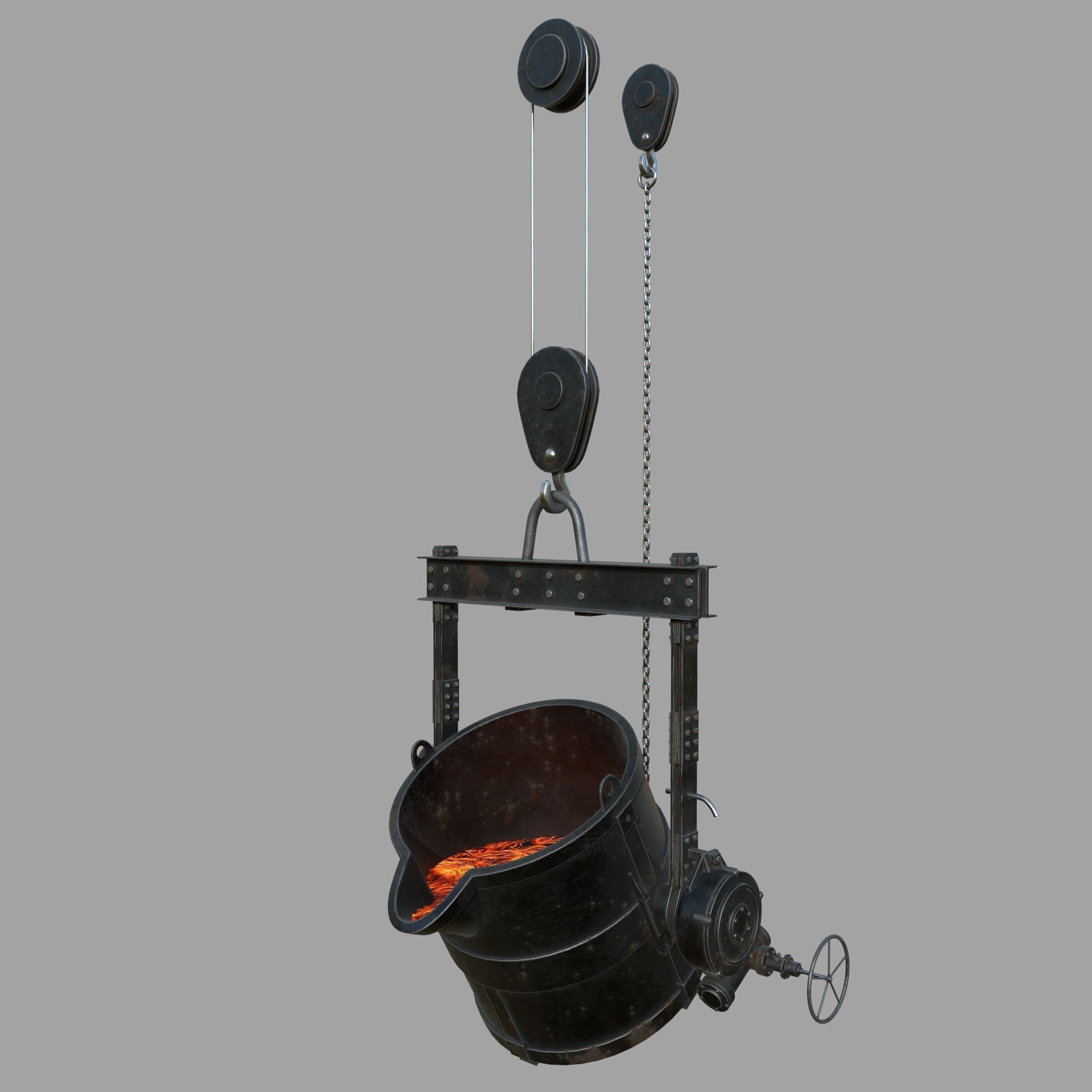 Foundry metal bucket hanging on chain 3D model_7