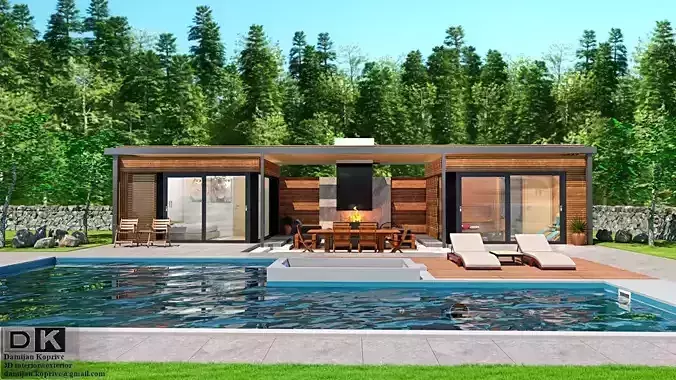 pool house with fireplace and sauna 3d model