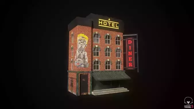 Realistic Building - Low Poly - PBR - Game Ready diner with sign
