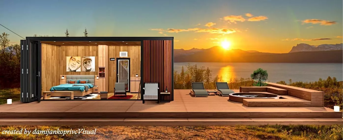 beach hut tiny house vacation house with hot tub 3D model_0