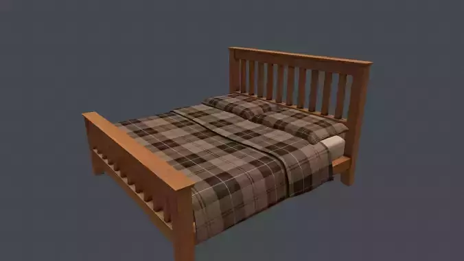Game Ready Bed plaid with wooden frame Low-poly 3D model