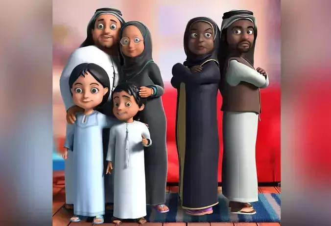 3D Arab muslim cartoon familly