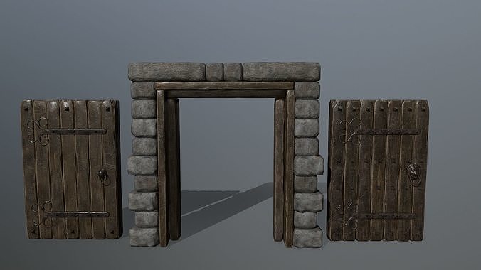door set two wooden doors on stone wall Low-poly 3D model
