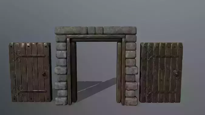 door set two wooden doors on stone wall Low-poly 3D model