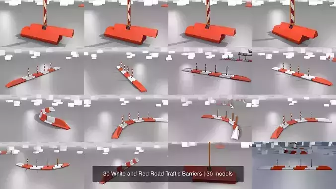 30 White and Red Road Traffic Barriers 3D Model Collection