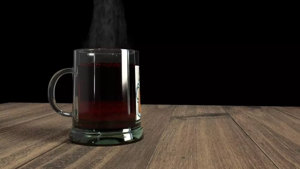 glass steam rising from mug of coffee on wooden table 3D model