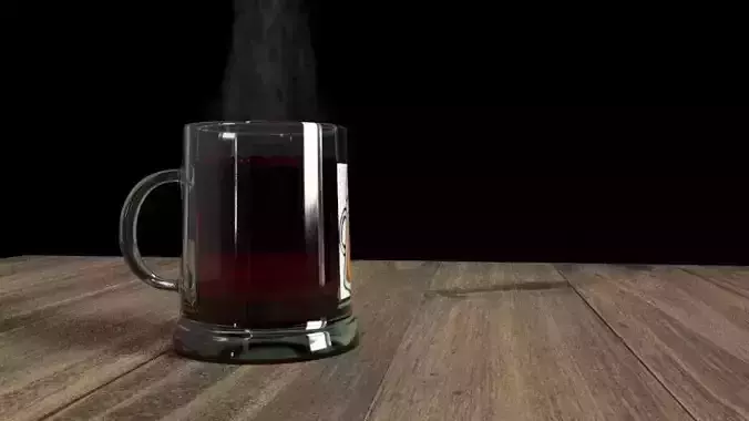glass steam rising from mug of coffee on wooden table 3D model