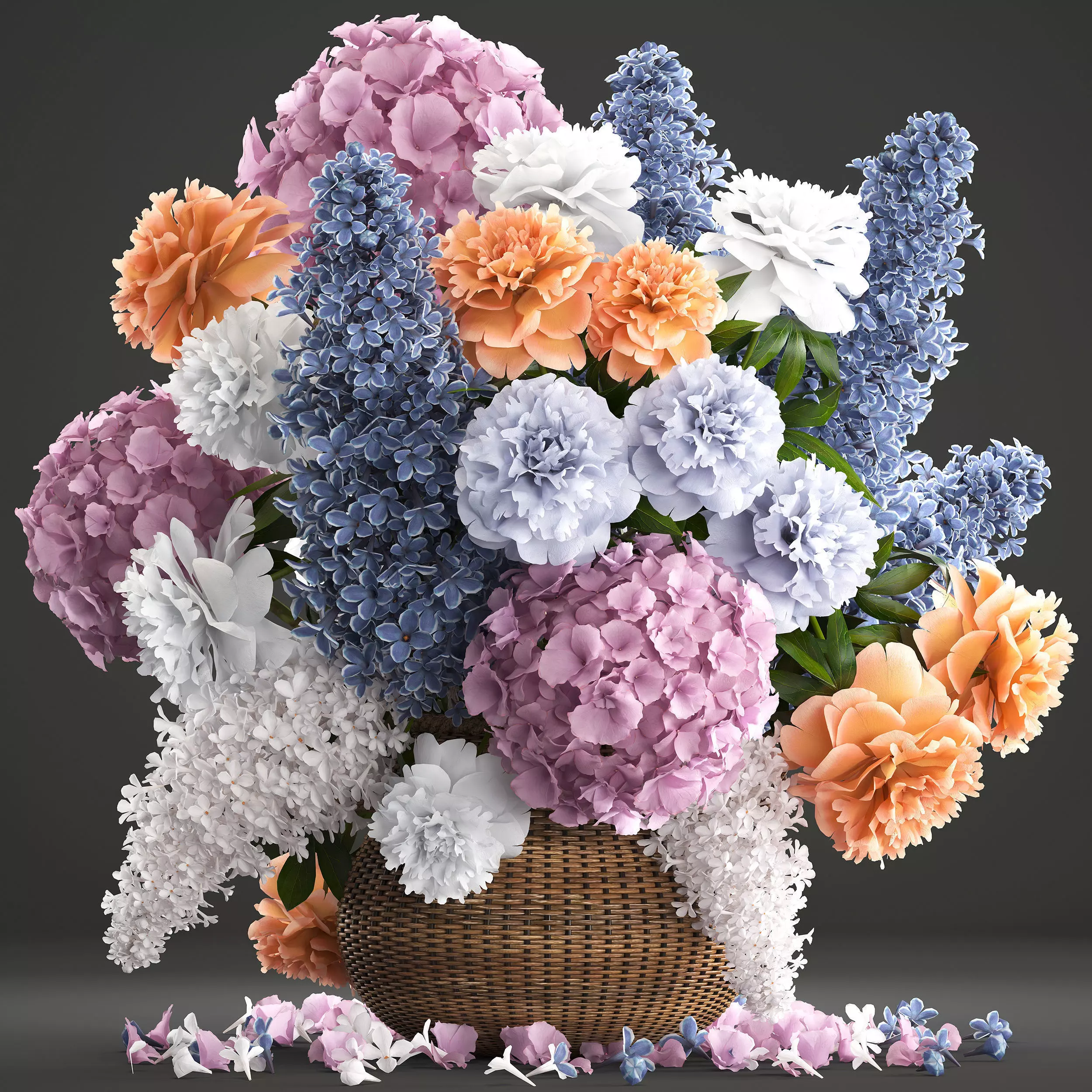 Bouquet of flowers in a basket 2 3D model