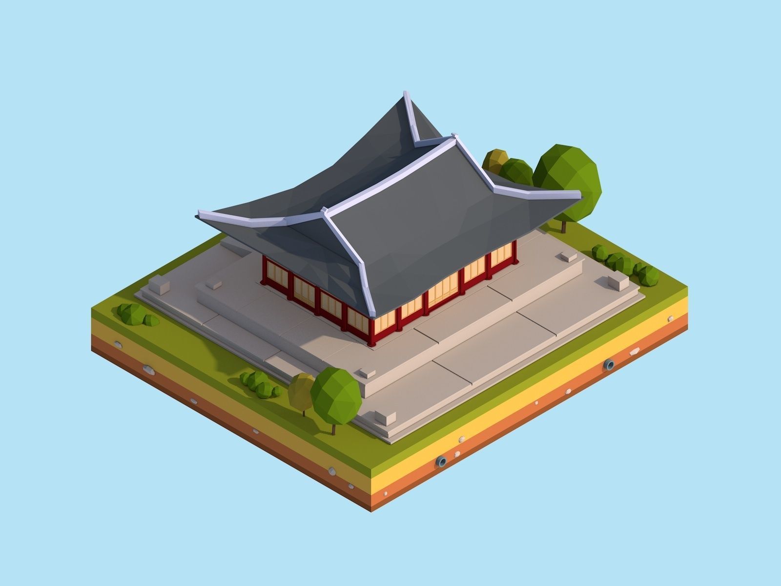 Cartoon Low Poly Deoksugung Palace Landmark Low-poly 3D model_3