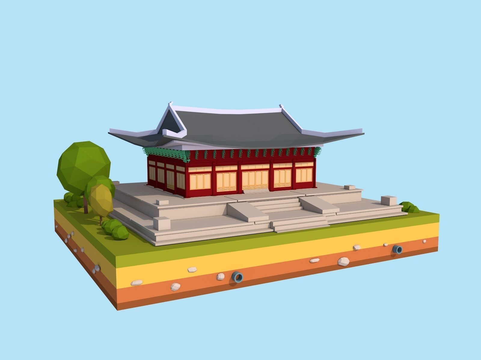 Cartoon Low Poly Deoksugung Palace Landmark Low-poly 3D model_4