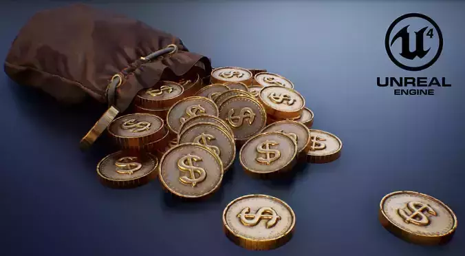 Leather Purse with Gold Coins - PBR Game-Ready Low-poly 3D model