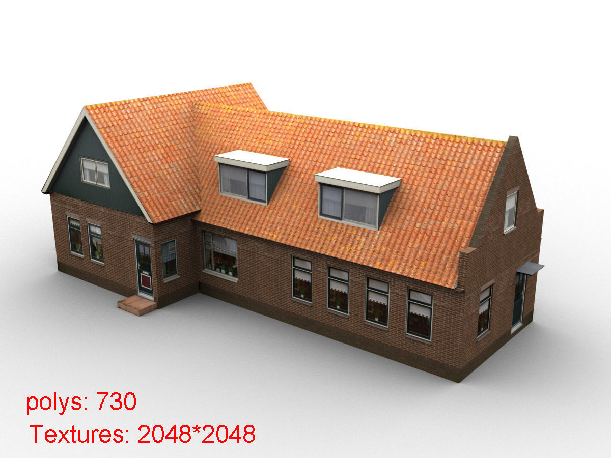 Low-Poly Houses brick building with roof Low-poly 3D model_6