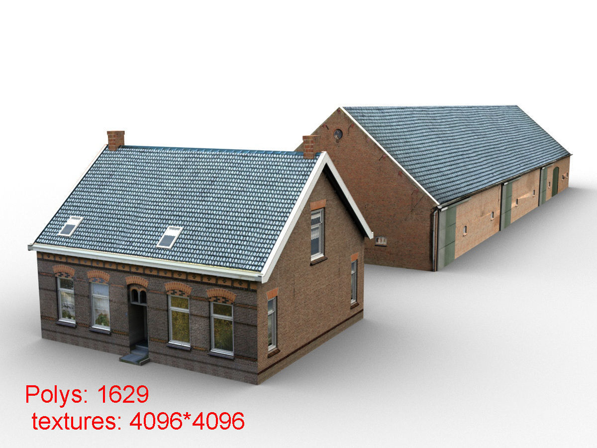 Low-Poly Houses brick building with roof Low-poly 3D model_19