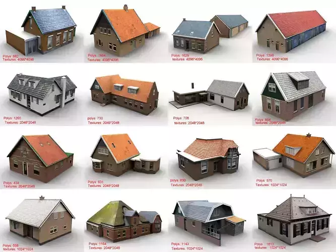 Low-Poly Houses brick building with roof Low-poly 3D model