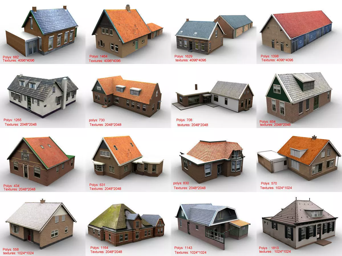 Low-Poly Houses brick building with roof Low-poly 3D model_0