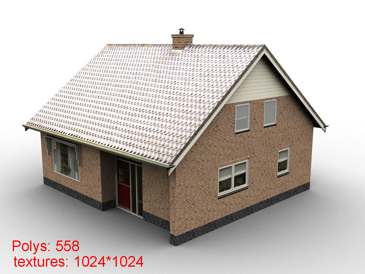 Low-Poly Houses brick building with roof Low-poly 3D model_43