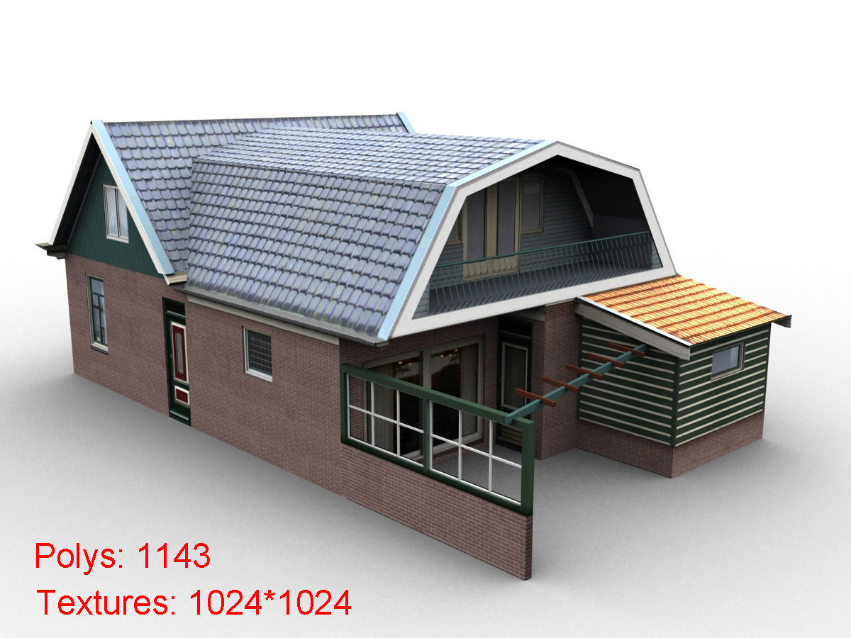 Low-Poly Houses brick building with roof Low-poly 3D model_34