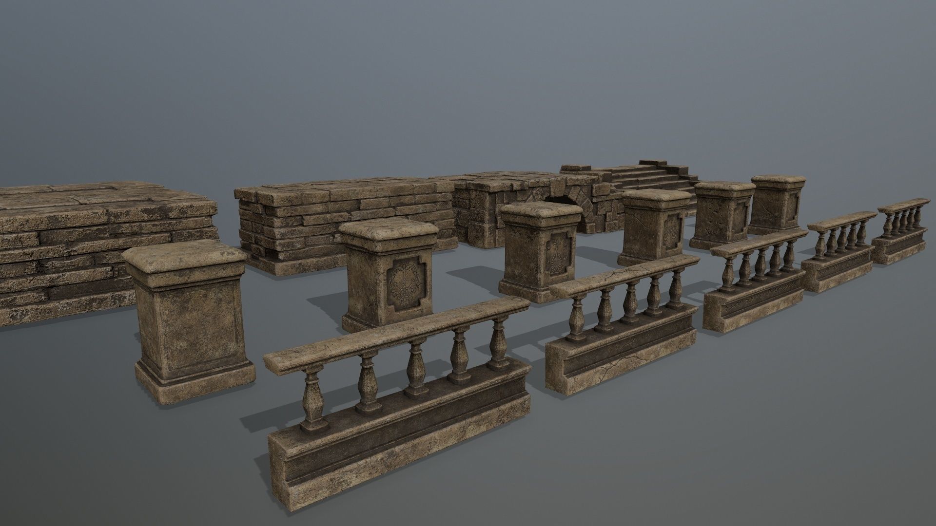 ruin set stone bridge with stairs Low-poly 3D model_10