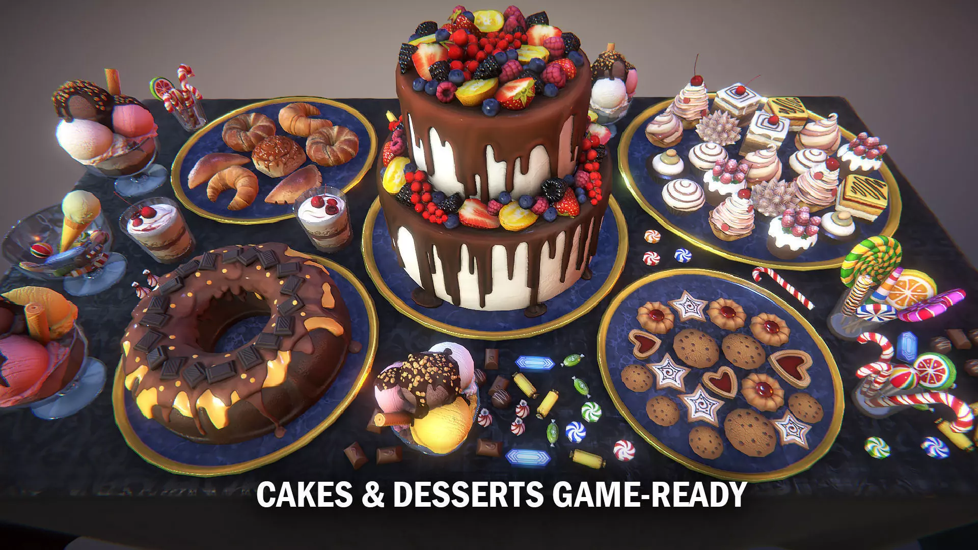 Cakes and desserts Low-poly 3D model_0