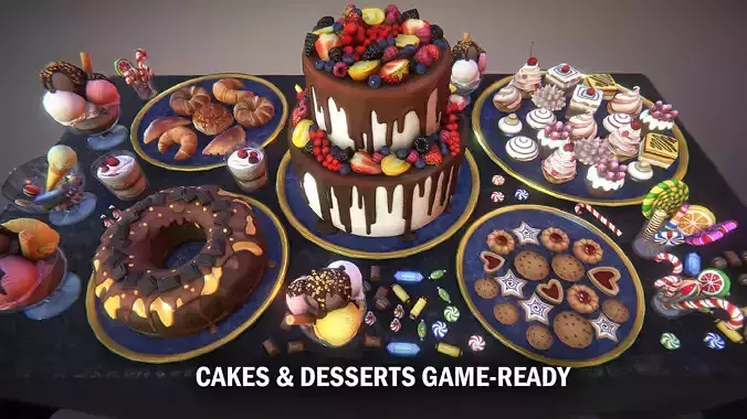Cakes and desserts Low-poly 3D model
