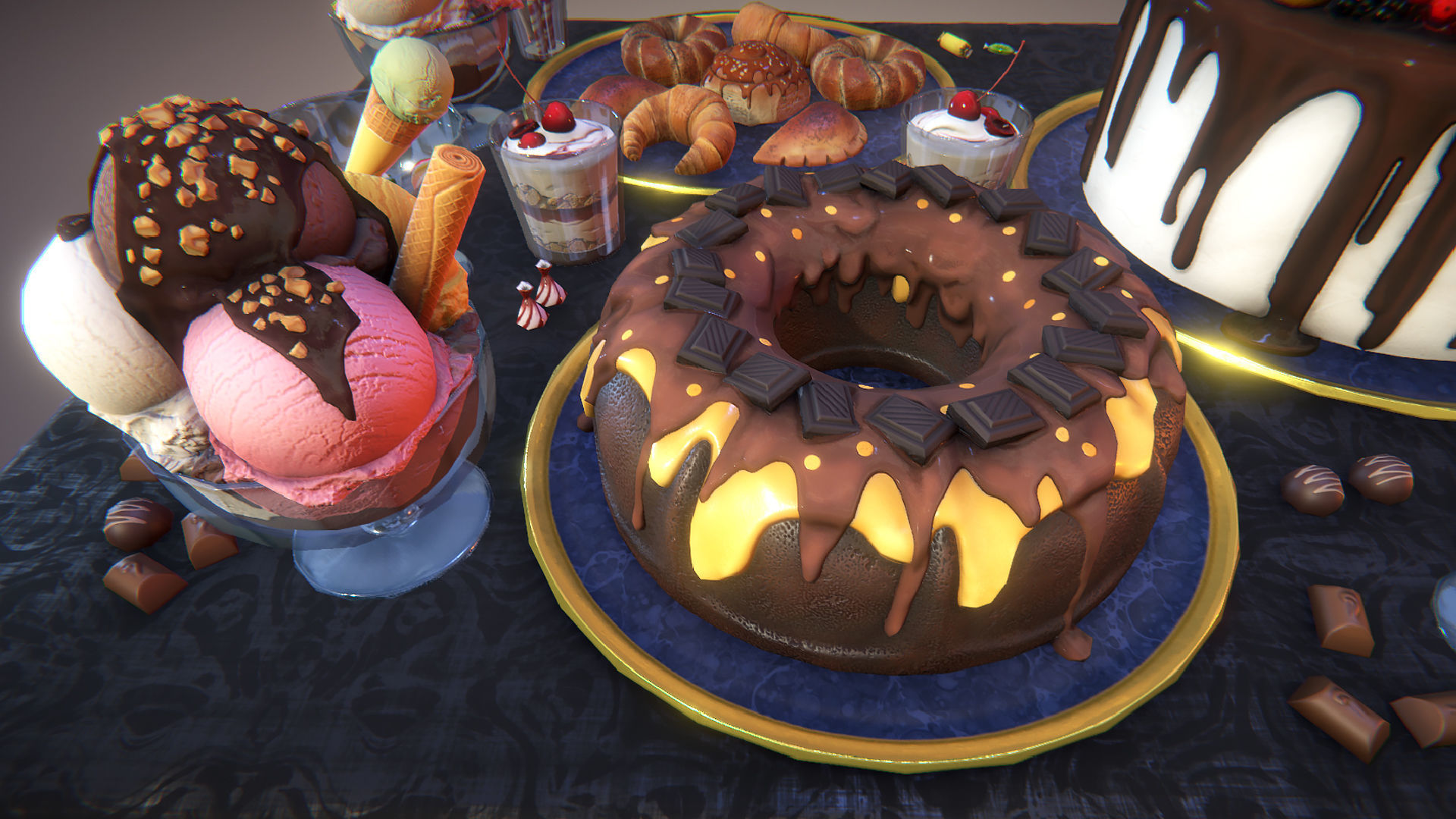 Cakes and desserts Low-poly 3D model_1