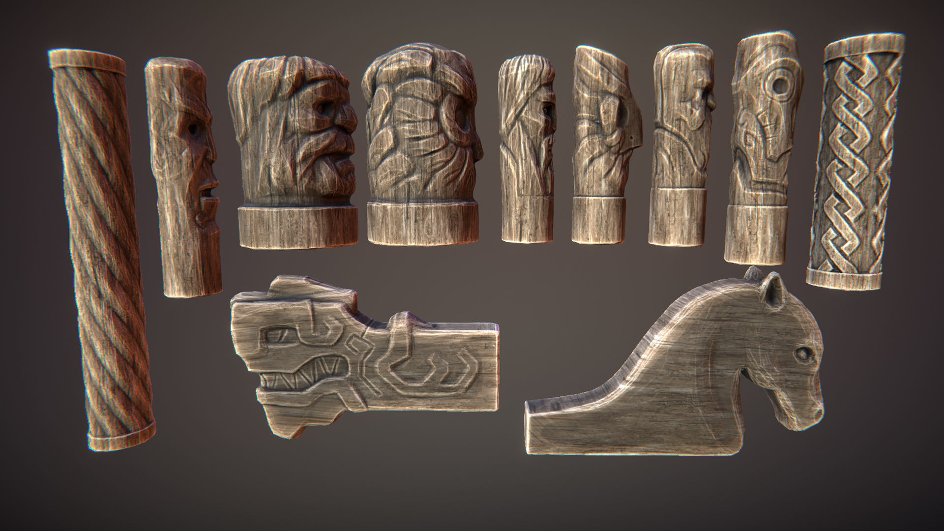 Wooden statues Low-poly 3D model_1