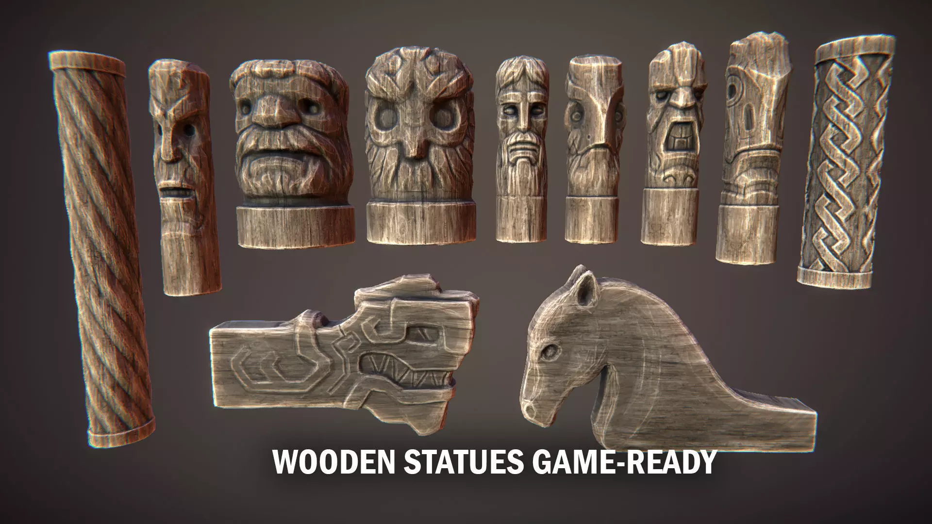 Wooden statues Low-poly 3D model_0