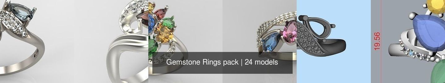 24 Women Gemstone Rings pack 3dm stl 3D print model 3D Model Collection_4