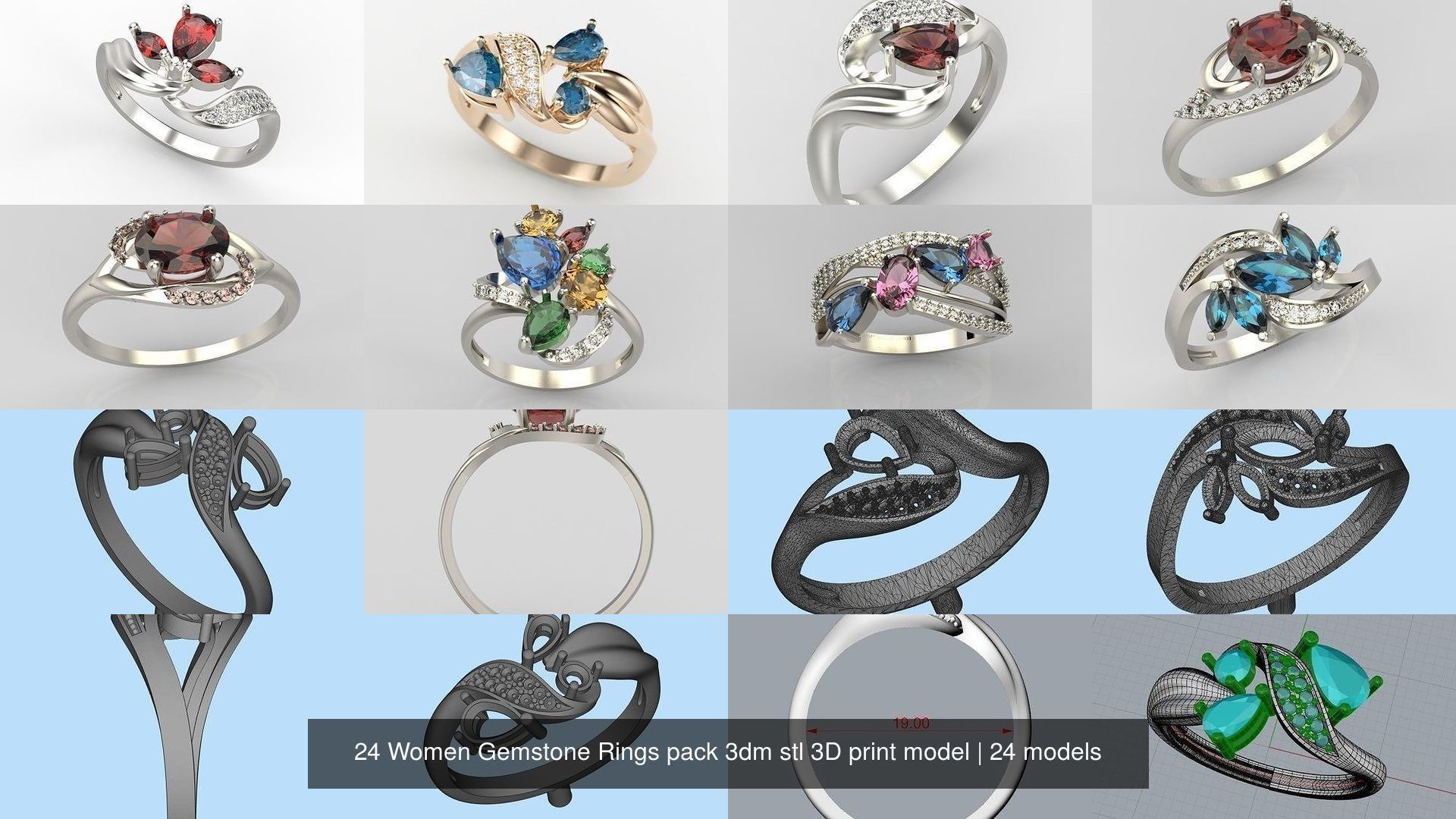 24 Women Gemstone Rings pack 3dm stl 3D print model 3D Model Collection_2