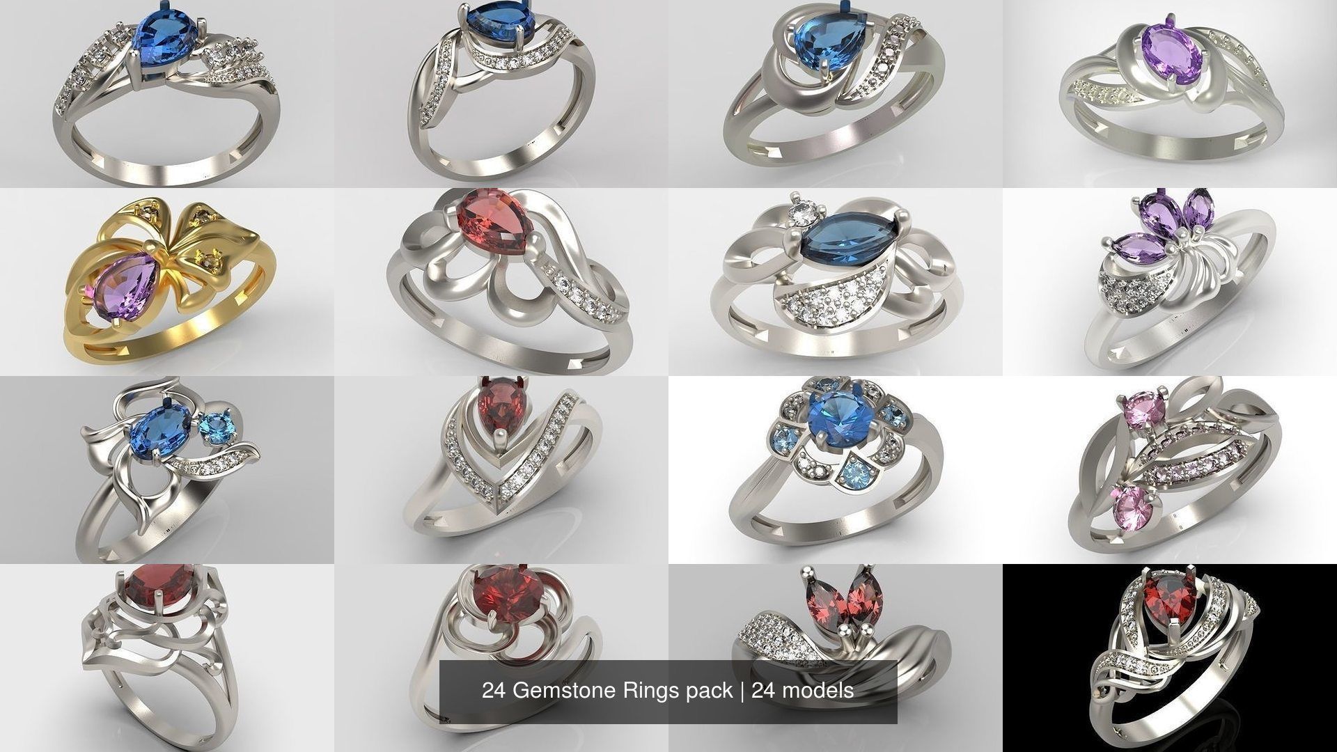 24 Women Gemstone Rings pack 3dm stl 3D print model 3D Model Collection_1