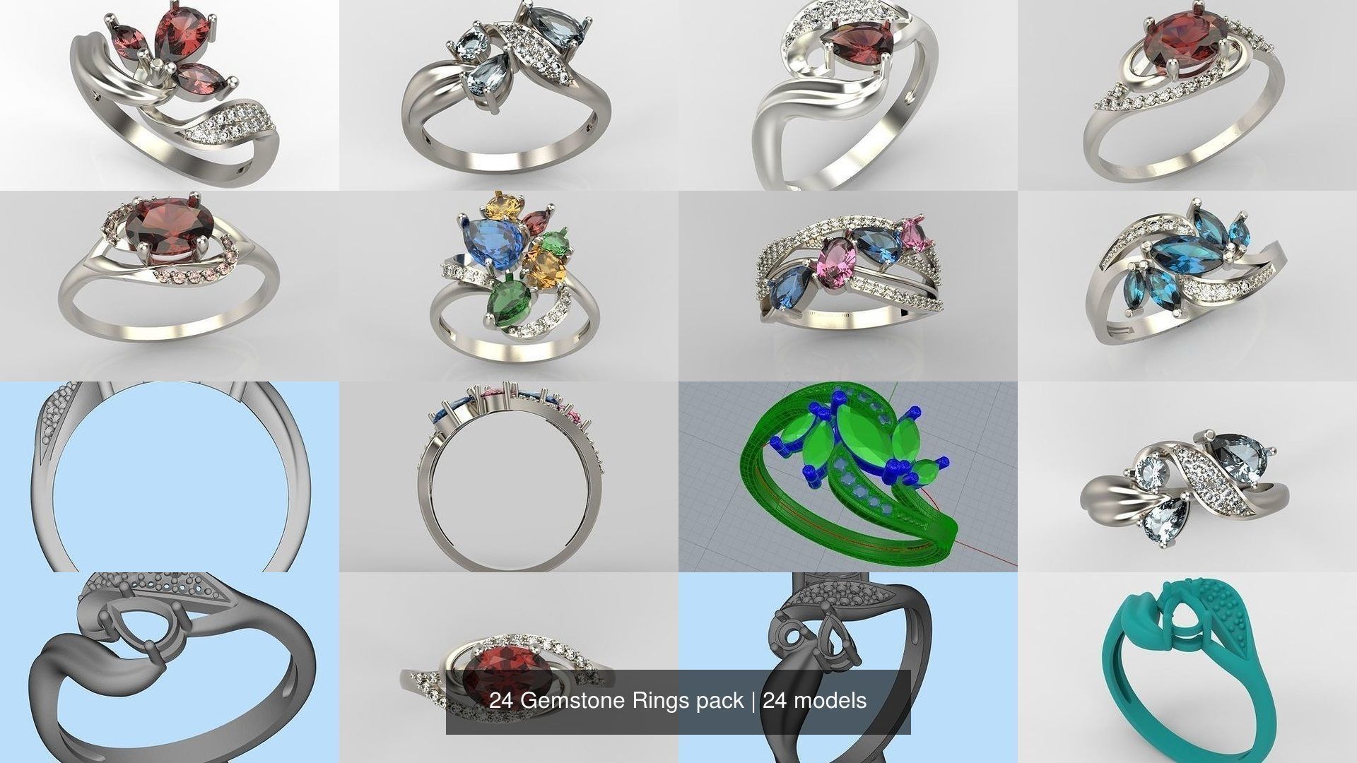 24 Women Gemstone Rings pack 3dm stl 3D print model 3D Model Collection_3