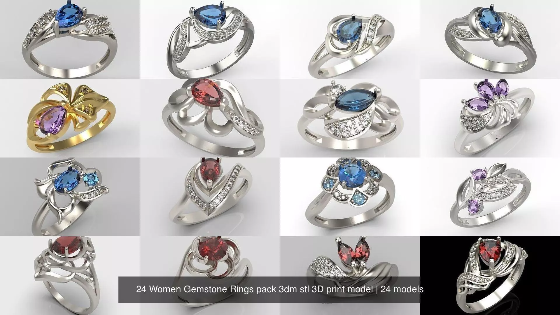 24 Women Gemstone Rings pack 3dm stl 3D print model 3D Model Collection_0