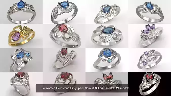 24 Women Gemstone Rings pack 3dm stl 3D print model 3D Model Collection 24 Women Gemstone Rings pack 3dm stl 3D print model 3D Model Collection