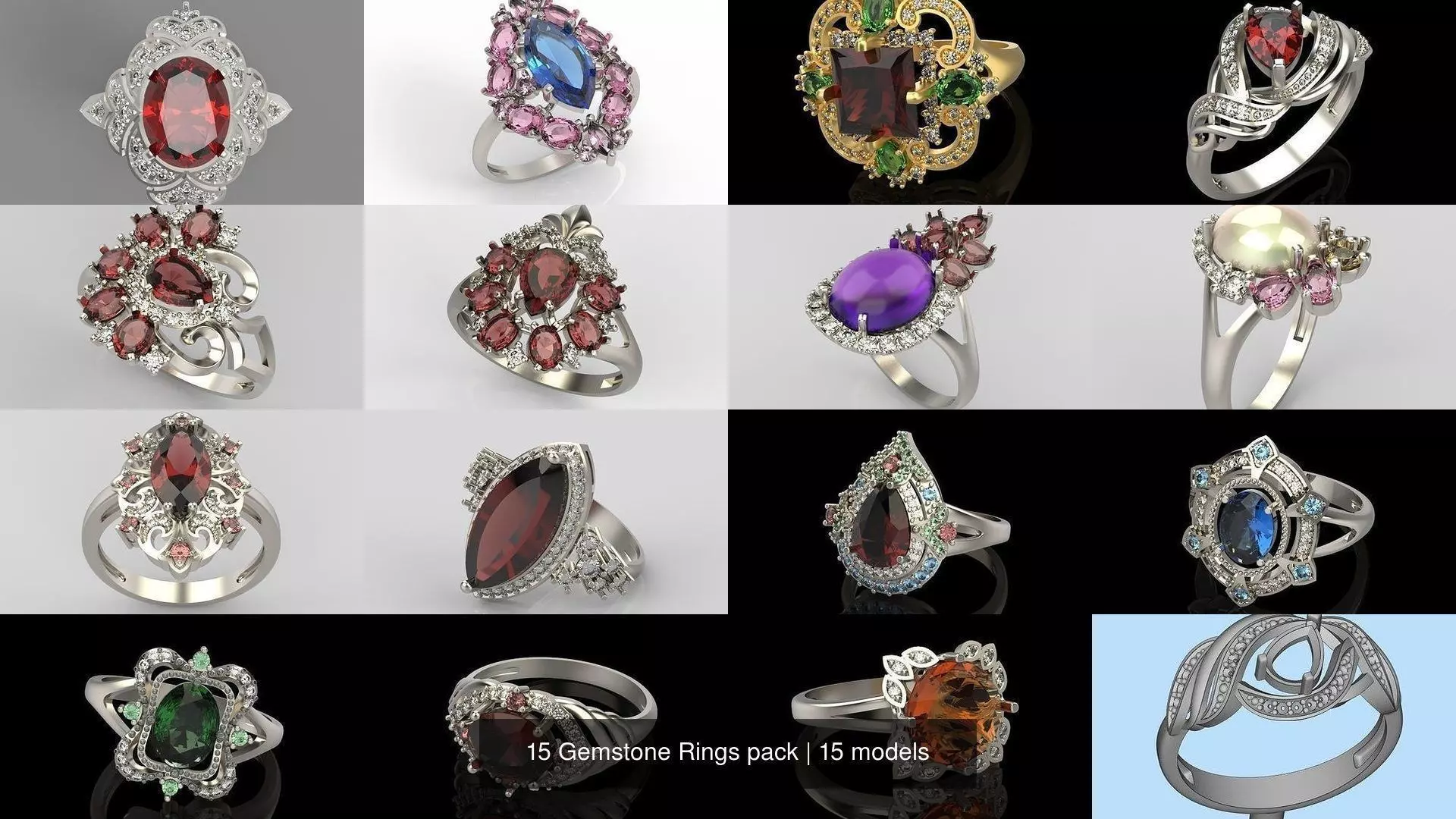 15 Women Gemstone Rings pack 3dm stl 3D print model 3D Model Collection_0