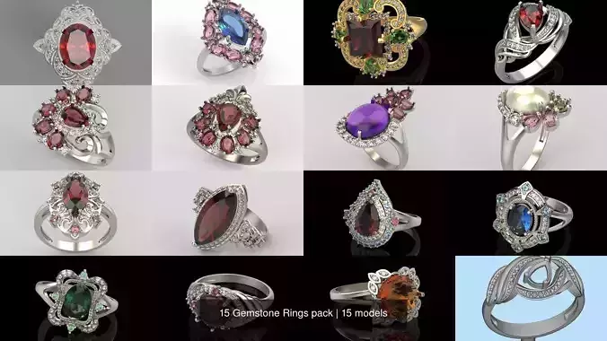 15 Women Gemstone Rings pack 3dm stl 3D print model 3D Model Collection
